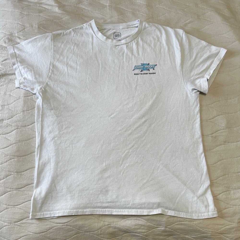 Hybrid Apparel White T-Shirt with Blue Chevy Logo